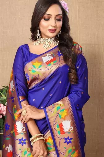 Soft pethani silk saree with zari weawing  motifs design and meenakari  weawing rich pallu.