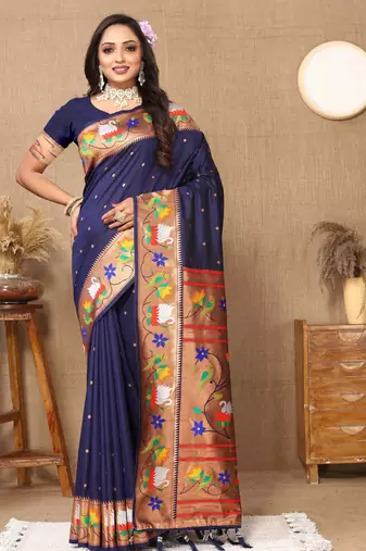 Soft pethani silk saree with zari weawing  motifs design and meenakari  weawing rich pallu.