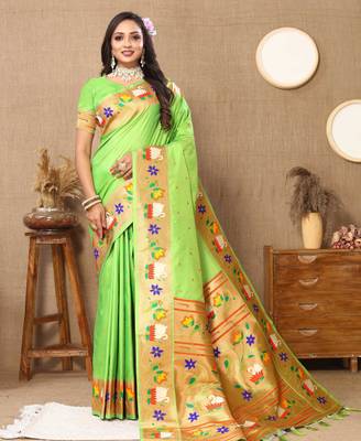 Soft pethani silk saree with zari weawing  motifs design and meenakari  weawing rich pallu. 3