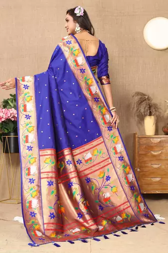 Soft pethani silk saree with zari weawing  motifs design and meenakari  weawing rich pallu.