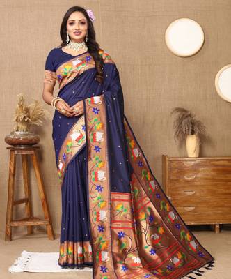 Soft pethani silk saree with zari weawing  motifs design and meenakari  weawing rich pallu. 2
