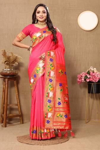 Soft pethani silk saree with zari weawing  motifs design and meenakari  weawing rich pallu.