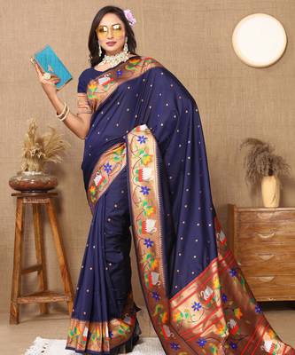 Soft pethani silk saree with zari weawing  motifs design and meenakari  weawing rich pallu. 4