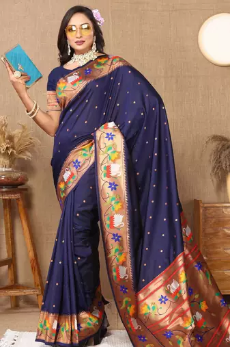 Soft pethani silk saree with zari weawing  motifs design and meenakari  weawing rich pallu.