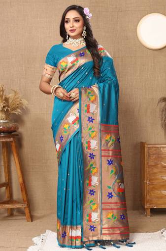 Soft pethani silk saree with zari weawing  motifs design and meenakari  weawing rich pallu.