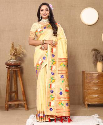 Soft pethani silk saree with zari weawing  motifs design and meenakari  weawing rich pallu. 1