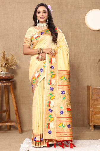 Soft pethani silk saree with zari weawing  motifs design and meenakari  weawing rich pallu.
