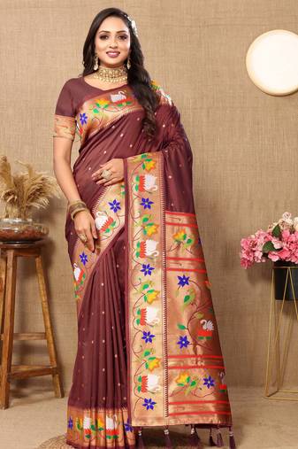 Soft pethani silk saree with zari weawing  motifs design and meenakari  weawing rich pallu.