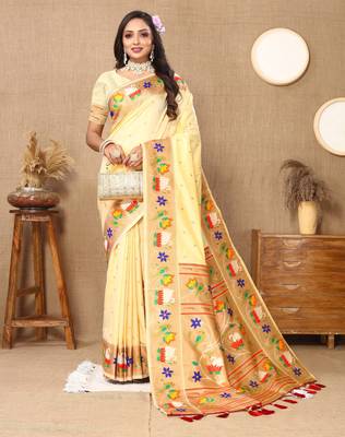 Soft pethani silk saree with zari weawing  motifs design and meenakari  weawing rich pallu. 2