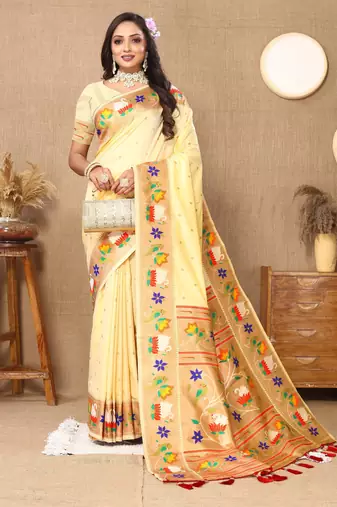 Soft pethani silk saree with zari weawing  motifs design and meenakari  weawing rich pallu.