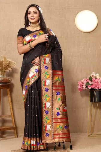 Soft pethani silk saree with zari weawing  motifs design and meenakari  weawing rich pallu.
