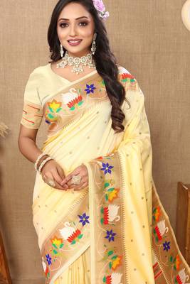 Soft pethani silk saree with zari weawing  motifs design and meenakari  weawing rich pallu. 3