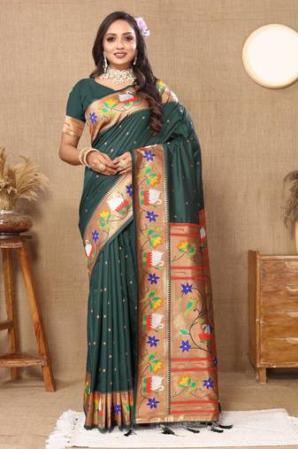 Soft pethani silk saree with zari weawing  motifs design and meenakari  weawing rich pallu.