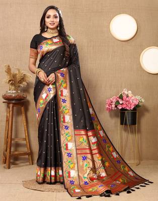 Soft pethani silk saree with zari weawing  motifs design and meenakari  weawing rich pallu. 2