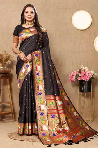 Soft pethani silk saree with zari weawing  motifs design and meenakari  weawing rich pallu.