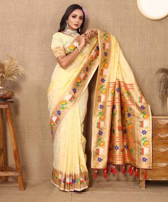 Soft pethani silk saree with zari weawing  motifs design and meenakari  weawing rich pallu. 4