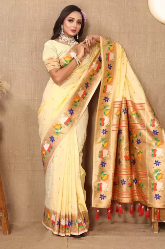 Soft pethani silk saree with zari weawing  motifs design and meenakari  weawing rich pallu.