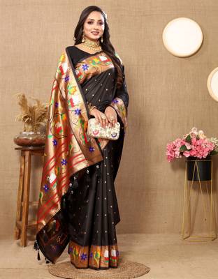 Soft pethani silk saree with zari weawing  motifs design and meenakari  weawing rich pallu. 3