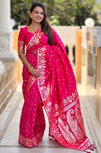 Soft banarasi silk saree with zari weaving meenakari touchup design all over the saree.