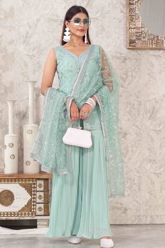 Teal georgette embroidered sharara suit