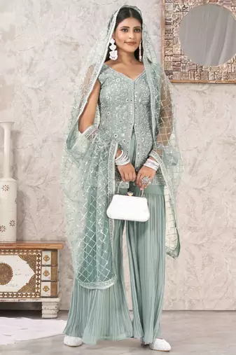 Turquiose georgette embroidered sharara suit