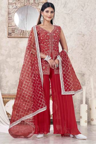 Red georgette embroidered sharara suit