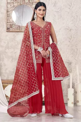 Red georgette embroidered sharara suit