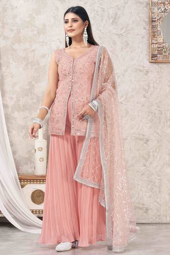Peach georgette embroidered sharara suit