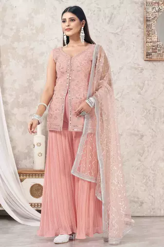 Peach georgette embroidered sharara suit