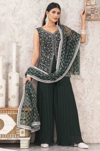 Green georgette embroidered sharara suit