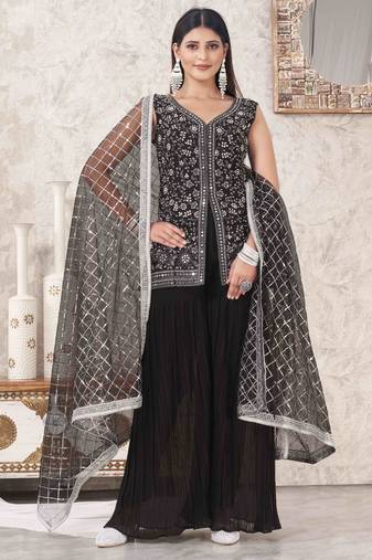 Black georgette embroidered sharara suit