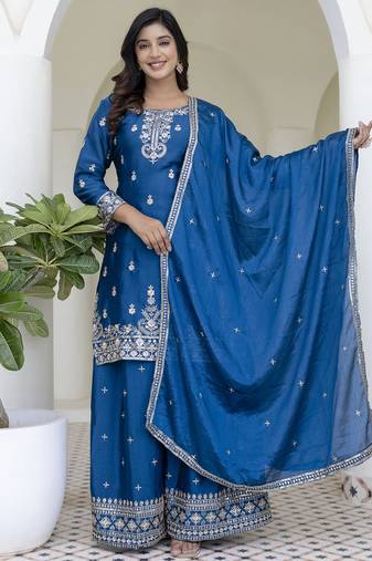 Aqua blue chinon silk embroidered plazzo suit