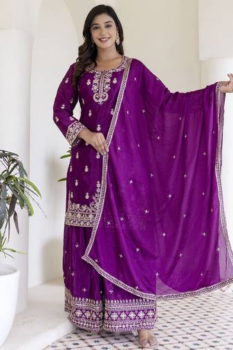 Purple chinon silk embroidered plazzo suit