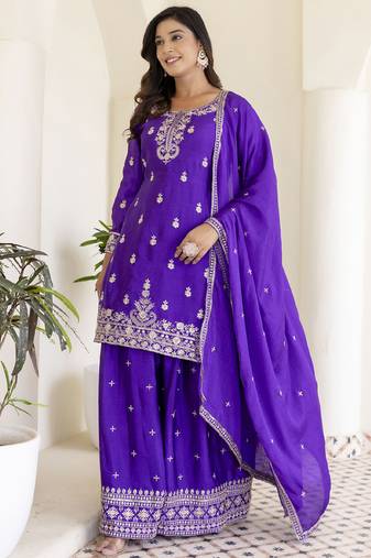Violet chinon silk embroidered plazzo suit