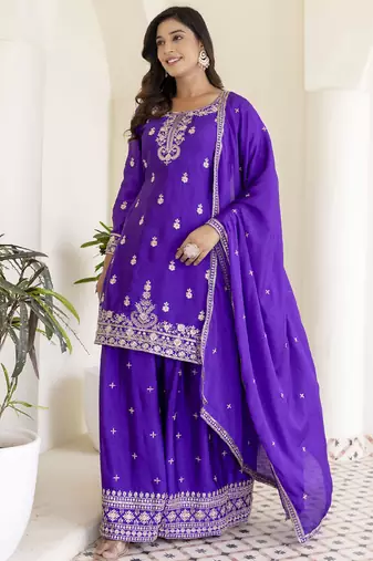 Violet chinon silk embroidered plazzo suit