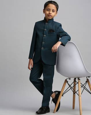 full sleeves solid ethnic wear jodhpuri and pant set - teal blue 1