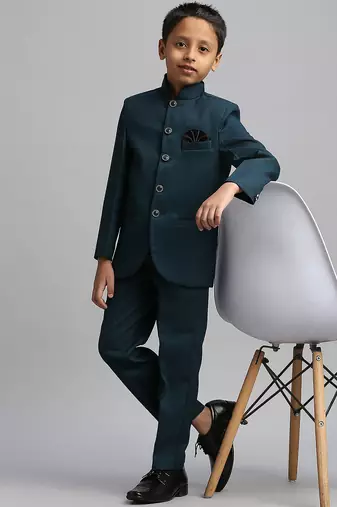 full sleeves solid ethnic wear jodhpuri and pant set - teal blue