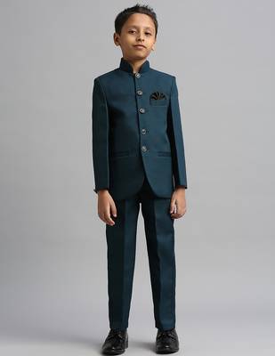 full sleeves solid ethnic wear jodhpuri and pant set - teal blue 2