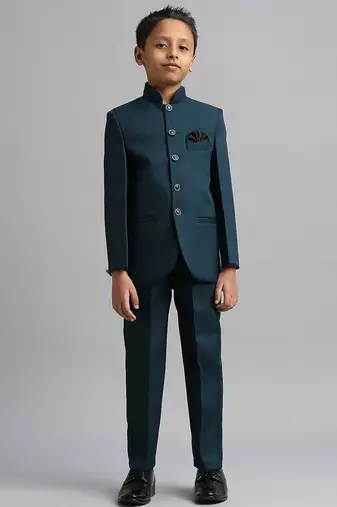full sleeves solid ethnic wear jodhpuri and pant set - teal blue
