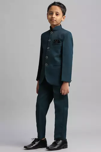 full sleeves solid ethnic wear jodhpuri and pant set - teal blue