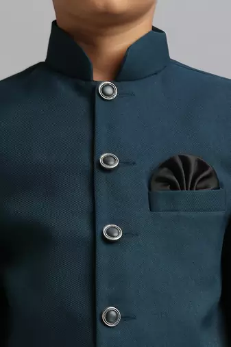full sleeves solid ethnic wear jodhpuri and pant set - teal blue
