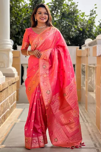 Soft banarasi silk saree with zari weaving meenakari touchup design all over the saree.