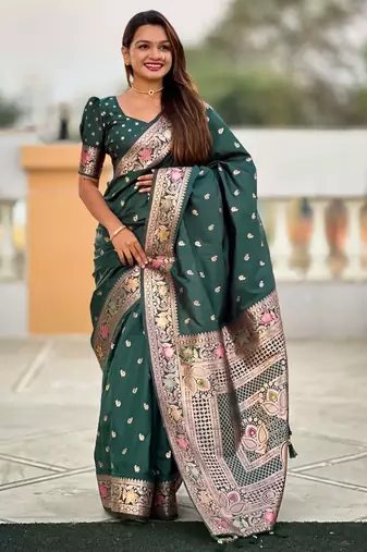 Soft banarasi silk saree with zari weaving meenakari touchup design all over the saree.
