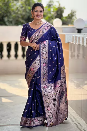 Soft banarasi silk saree with zari weaving meenakari touchup design all over the saree.