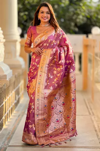 Soft banarasi silk saree with zari weaving meenakari touchup design all over the saree.