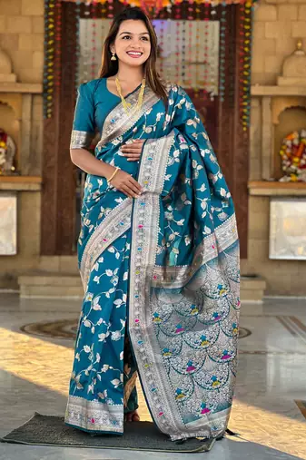 Soft banarasi silk saree with zari weaving meenakari touchup design all over the saree.