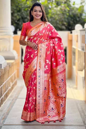 Soft banarasi silk saree with zari weaving meenakari touchup design all over the saree.