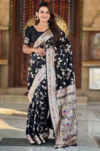 Soft banarasi silk saree with zari weaving meenakari touchup design all over the saree.