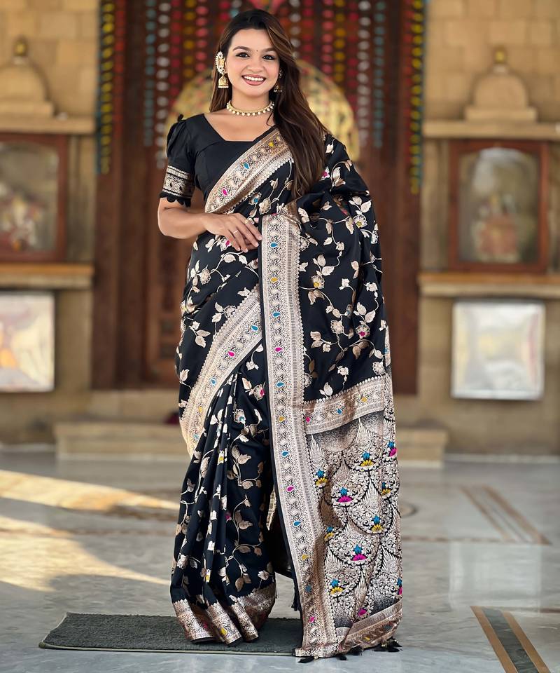 Soft banarasi silk saree with zari weaving meenakari touchup design all over the saree.