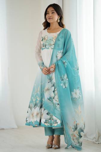 Elegant aqua blue organza silk floral anarkali suit with dupatta